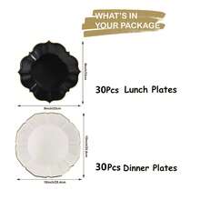 60pcs White And Black Disposable Paper Plates With Gold Rim, Suitable For Birthday/Wedding/Beach Party - Includes 30pcs 10-Inch Dinner Plates And 30pcs 9-Inch Lunch Plates - Black and White - View 8