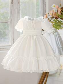Vestido de princesa de satén blanco de manga corta con parches, adecuado para fiesta, para niñas jóvenes - Blanco - Ver 2