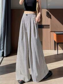 Women Casual Vacation & Commute Lovely Textured Stripe Contrast Button Zipper Pants, Summer Long Trousers