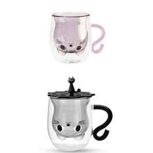 Double Wall Glass Cat Mug - Insulated Cute Coffee Cup With Handle, Holiday Gift For Women/Wife (Christmas Halloween Valentine's Mothers Day Easter) Birthday Present Idea For Cat Lovers