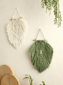 1pc Exquisite And Handmade Macrame Wall Hangings. These Hangings Feature Intricate Knotting Patterns With Tassel Details, And Accented With Light - Colored Wooden Rods And Beads. Ideal For Bohemian - Style Lovers And Home Decor Aficionados. Perfect For Decorating Living Rooms, Bedrooms, Or Any Space Seeking A Touch Of Rustic And Artistic Flair, Adding A Cozy And Inviting Atmosphere. Room Decor Bedroom Decor Wall Decor