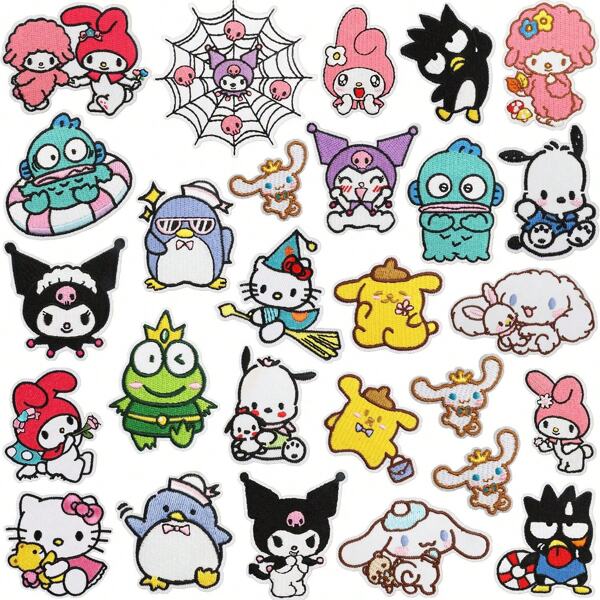 Sanrio Sanrio 1/27pcs Applique Patch Set, Featuring Hello Kitty And Friends Embroidery Iron-On For Jackets, Jeans, Dresses, Backpacks, And Hats - Anime Themed Decorative Patches