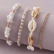 Set de tobillera de cadena con piedras trituradas de verano para mujer, pulsera para el tobillo con dije de concha estilo bohemio, joyería hecha a mano de color dorado con cuentas y lentejuelas, accesorio de playa para pies descalzos