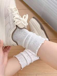 2 Pairs Women Ruffle Trim Fishnet Patterned Mid-Calf Socks, Hollow Diamond Design, For Daily Wear - Multicolor - View 9