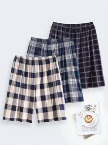 3 szt. męskich szortów w kratę do kolan, regulowany ściągacz, z kieszeniami, męska odzież wypoczynkowa i nocna