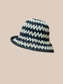1 pièce Chapeau seau en paille rayé bicolore pour femmes, adapté pour le port quotidien, les sorties d'été et les vacances pour la protection solaire Boho