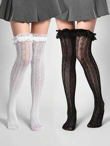 1双女士心形蕾丝过膝长筒袜，荷叶边蝴蝶结，圣诞礼物