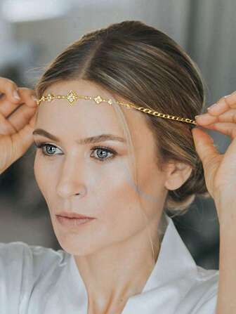 1 pezzo Catena per capelli con fiore a rombo in strass dorato, semplice gioiello per capelli da sposa in stile pastorale per donne - Accessori per capelli, gioielli per la testa, decorazioni per capelli, catena per capelli, gioielli per capelli
