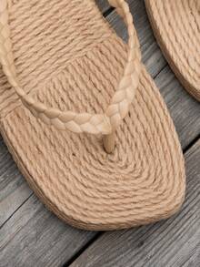 Teenagers & Girls Thick Sole Thong Sandals Wheat Straw Rope Summer New Model Rhinestone Soft Comfortable Lightweight Non-Slip Outdoor Beach Pool Swimming Holiday Waterproof EVA - Khaki - View 7