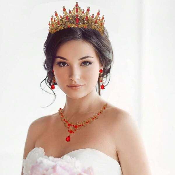 4pcs/Set Bridal Accessories - Red Crystal Decorated Crown, Necklace And Earrings, Wedding Jewelry Set For Bride, Also Suitable For Golden Ball Wedding Party