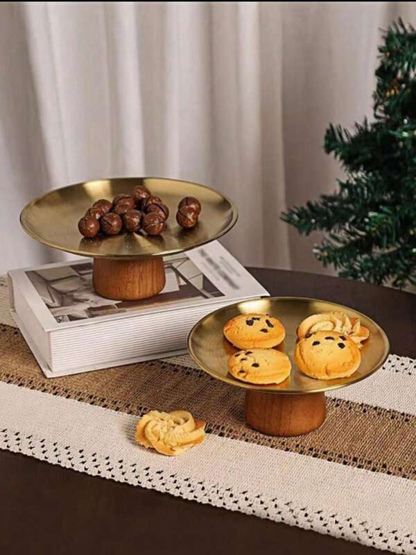 1 pièce Présentoir à gâteau en acier inoxydable avec base en bois, assiette de présentation de desserts, plateau multifonction pour fruits, convient à la décoration de table, usage domestique et plateau de salle à manger, pour l''Aïd al-Fitr