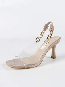 Sandales à bride à la cheville avec talon fin et bout carré, sandales à talon fin et bout carré de couleur rose lotus avec décoration de chaîne et partie supérieure transparente, confortables et légères, allongeantes et charmantes, talons hauts roses lotus à la mode et élégants convenant pour le travail et les déplacements, polyvalents avec des robes en été, nouvelles sandales à talons hauts roses lotus. - Vieux Rose - Voir 7