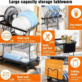 Anti-Rust Stainless Steel Cutlery Drying Rack, 2-Tier Large Dish Rack For Kitchen Countertop, With Drip Tray Cutlery Rack, With Cutlery Rack And Cup Rack Dish Draining Rack, Cutlery/Cup/Cutting Board, Black