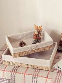 1个/4个装家用桌面收纳盒，可收纳化妆品、钥匙、零食，咖啡桌整理架，客厅玄关藤编收纳篮 - 杏色蝴蝶結 - 查看 2