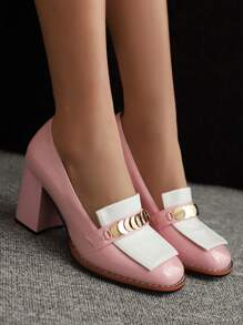 Retro Square Toe Chunky Heel Pumps, Metal Buckle Patent Leather Casual Shoes, Versatile Wedding Shoes