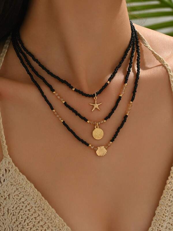 3 Stücke/Set Sommer Boho Urlaubs-Zinklegierung Seestern & Muschelanhänger, Glasperlen Mehrschichtiges Halskette, geeignet für Frauen Bademode