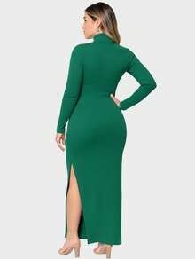Ribbed Midi Dress With Side Slit High Neck Long Sleeve Winter Fashion Casual Elegant Chic