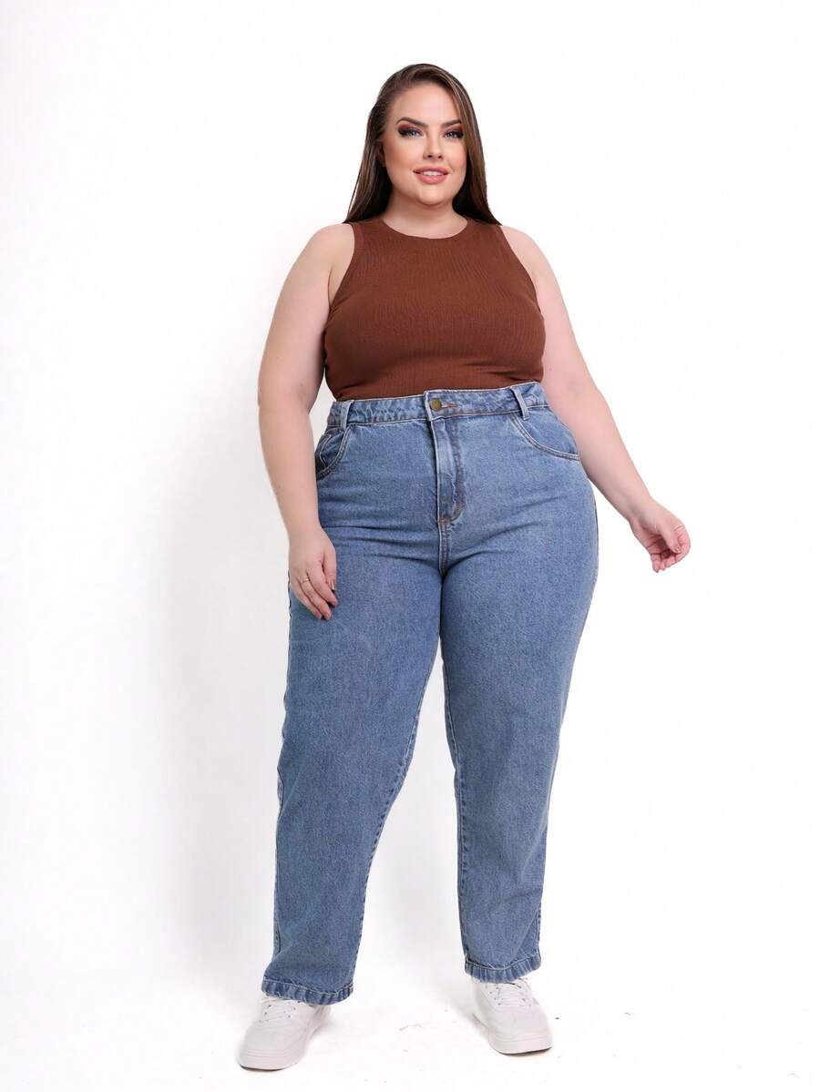 Plus Size Basic Mom Jeans High Waist Casual Simple Pocket Zipper Button - Rửa trung bình - Xem 1