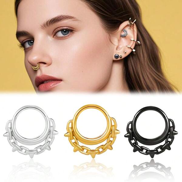1 pieza Aros para la nariz de metal punk en acero inoxidable con espinas redondas, aros de cartílago, pendientes de segmento, Clicker de septum, para perforación, para hombres y mujeres, ideal para conciertos y fiestas