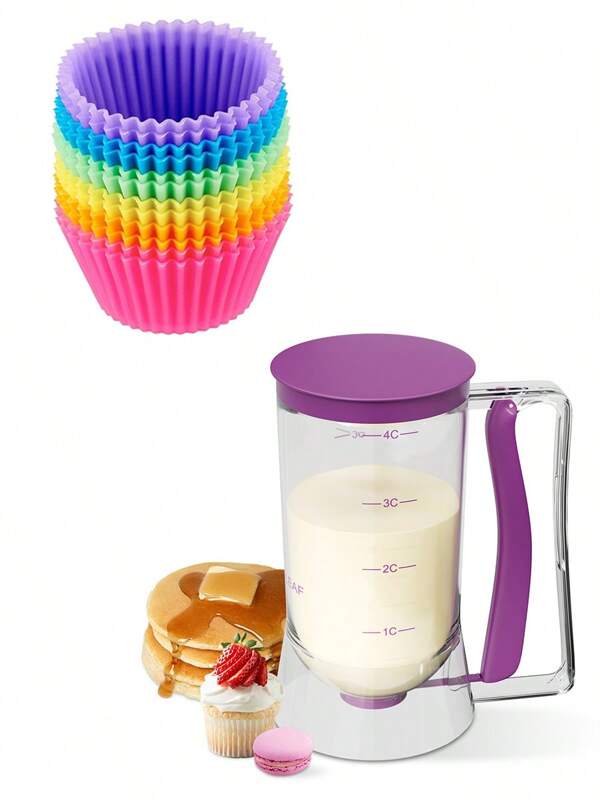 Pancake Batter Dispenser With Measuring Label + 12pcs Random Color Silicone Muffin Cups – Baking Set For Pancakes, Cupcakes, Waffles & Cakes