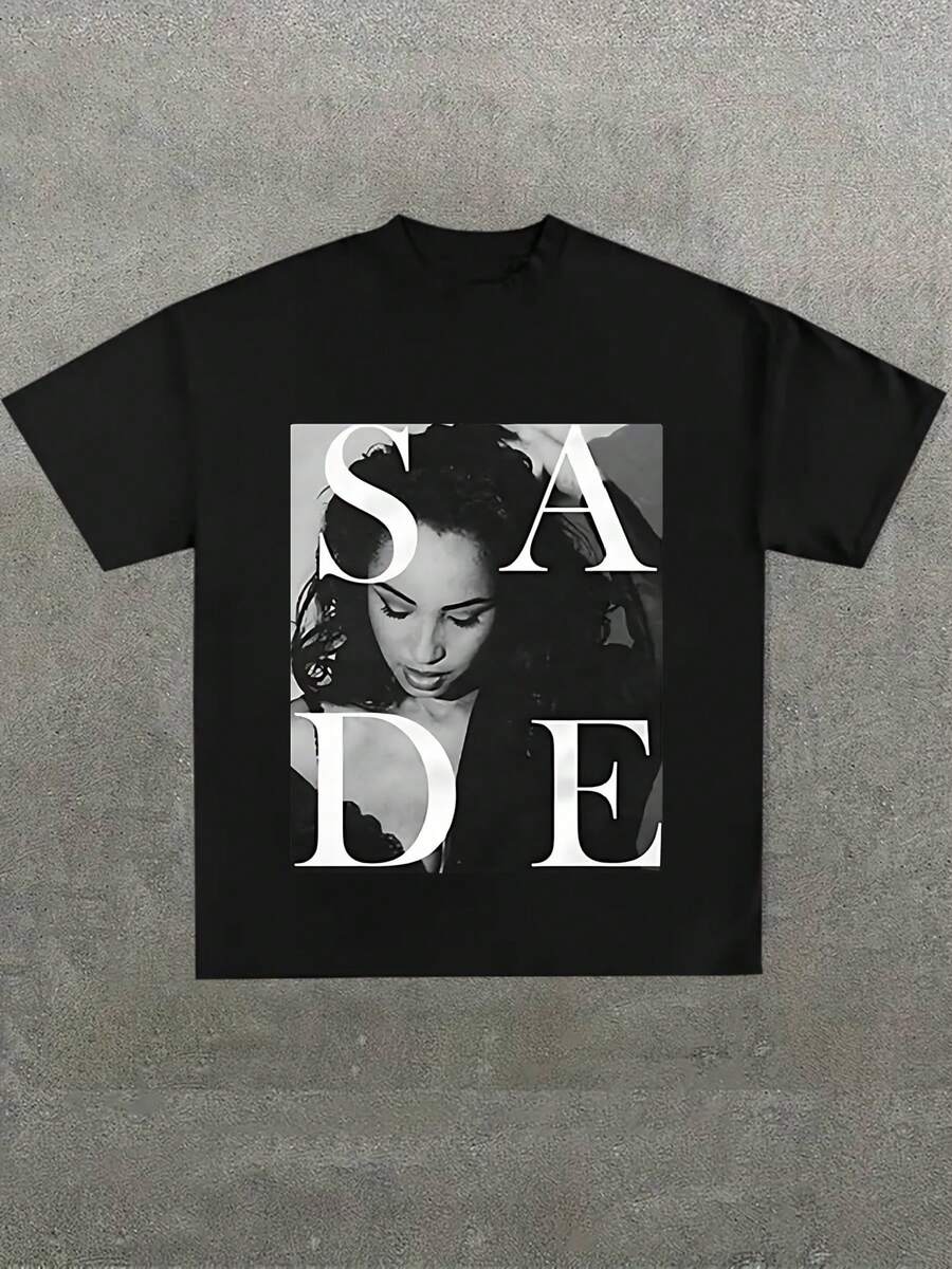 Sade Tribute Black T-Shirt With Portrait,Casual Digital Print Pure Heavy Cotton T Shirt,220g Cotton T-Shirt,Gift,Summer,Unisex - 黑色 - 查看 1
