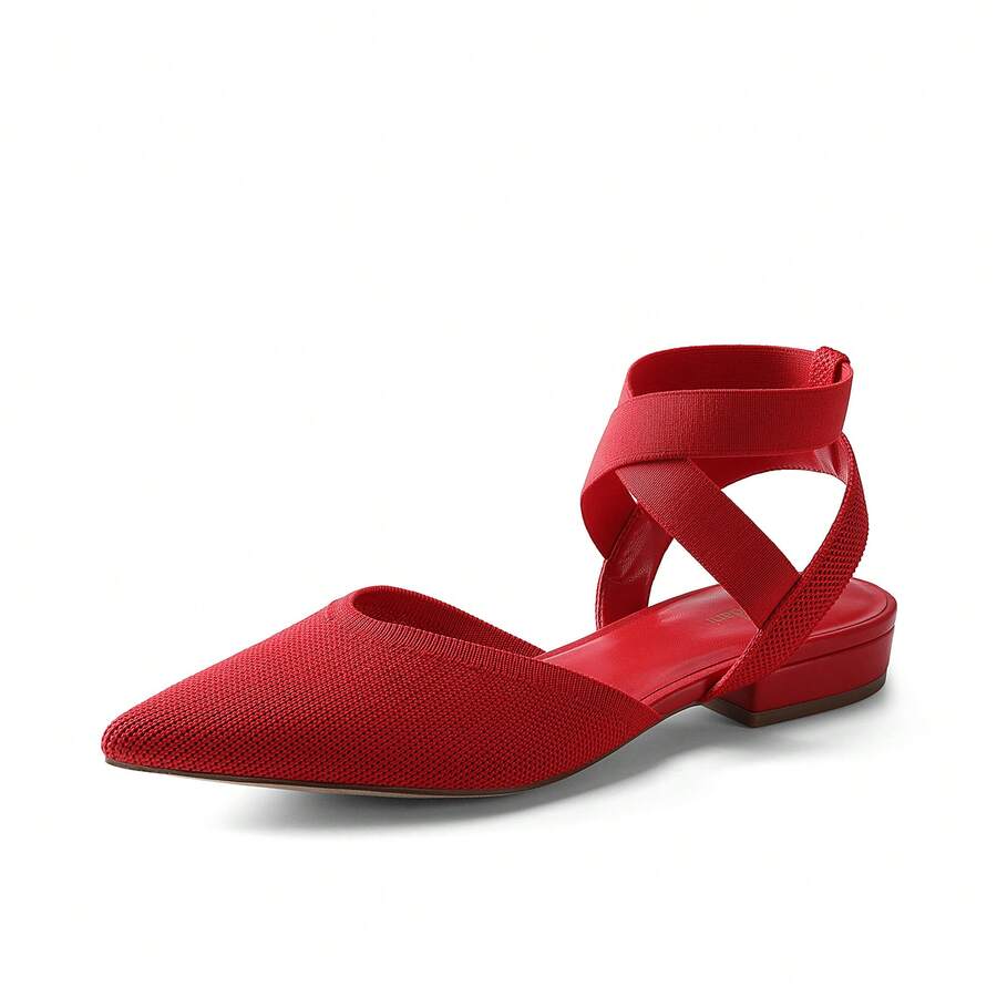 Women's Elegant Pointed Toe Ankle Strap Ballet Flat Comfortable Knit Mesh Flats For Casual Dressy Work Office Shoes