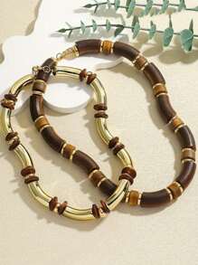 2pcs Bohemian Style Wooden Beaded Necklace Set, Vintage Geometric Pendant Choker Necklaces For Women, Suitable For Daily And Vacation Wear