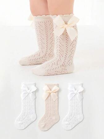 3 Pairs Kids Bow Mesh Calf Socks, Breathable Mosquito Repellent Mid-Calf Princess Style Socks For Children