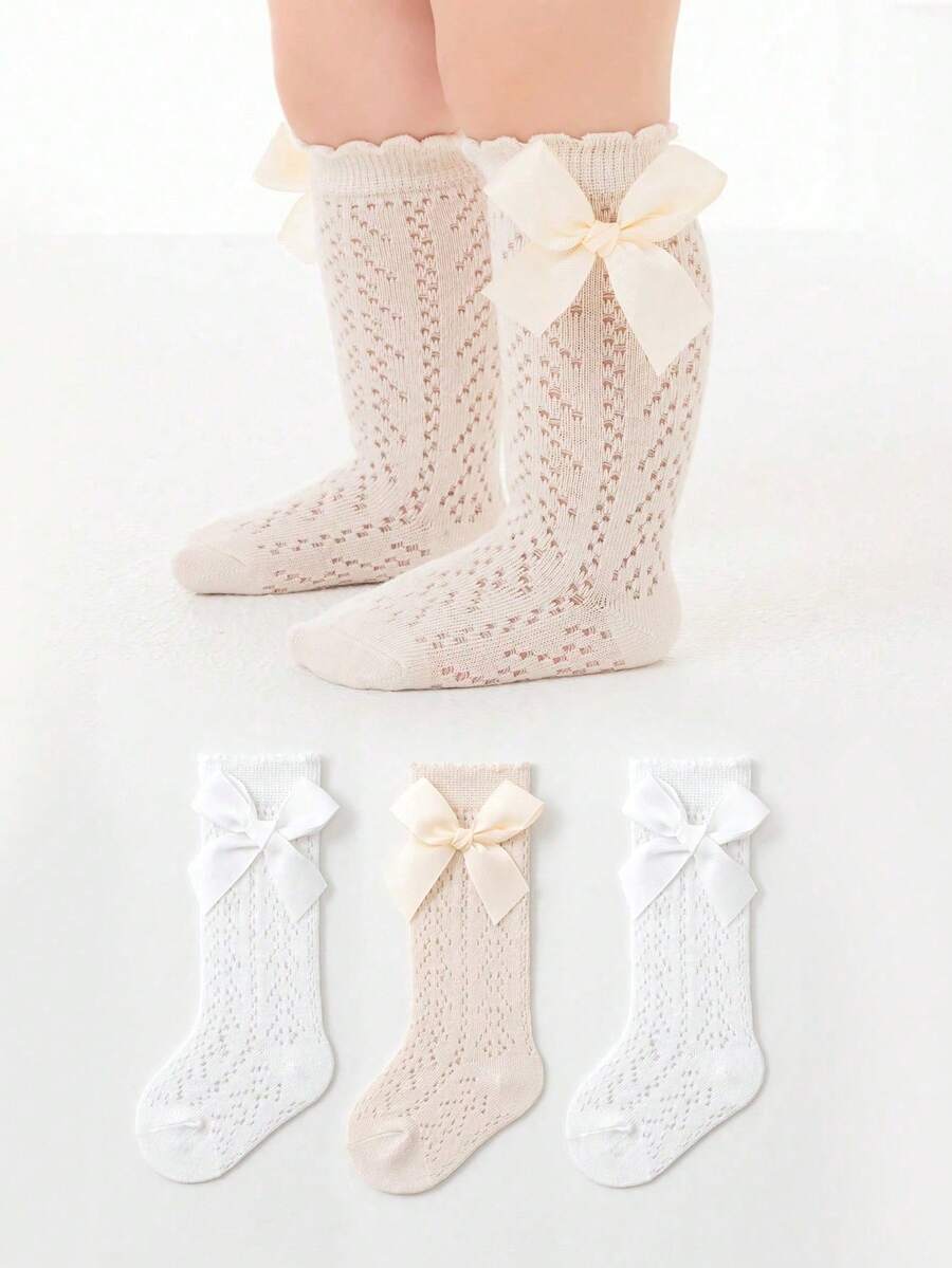 3 Pairs Kids Bow Mesh Calf Socks, Breathable Mosquito Repellent Mid-Calf Princess Style Socks For Children - Multicolor - View 1