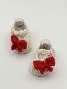 1 Pair Handmade Knitted Infant Shoes With Bow, Non-Slip Socks Shoes - Beige - View 3