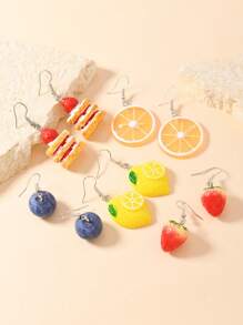 1 Pair Handmade Resin Realistic Fruit Cake (Strawberry, Blueberry, Lemon, Avocado, Smiling Face) Earrings, Fashionable For Daily Wear
