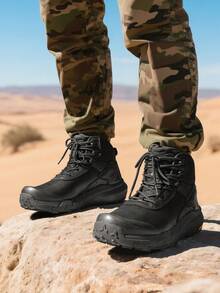 Men's Waterproof Tactical Work Boots Leather Motorcycle Combat Boots Lightweight Non-Slip Hiking Boots For Men - 黑色 - 查看 10
