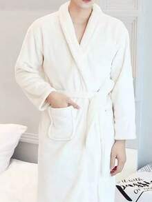 Plus Size Men's Winter Coral Fleece Robe, Flannel Long Sleeve Bathrobe, Warm Loungewear - White - View 1