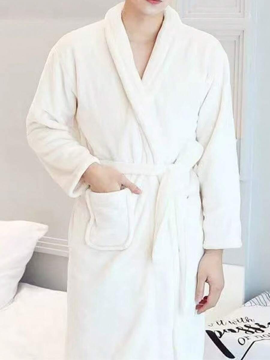 Plus Size Men's Winter Coral Fleece Robe, Flannel Long Sleeve Bathrobe, Warm Loungewear - White - View 1
