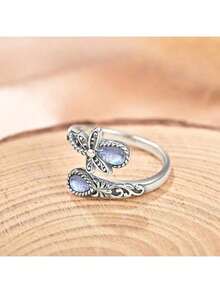 1 buc. Inel deschis ajustabil cu libelulă vintage în stil boem, piatră de lună, potrivit pentru femei, îmbrăcăminte zilnică, cadou de zi de naștere - Argint antic - Vizualizare 8