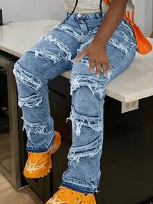 Y2K Vintage 90s Streetwear High Stretch Cotton Distressed Frayed Patchwork Pocket Hiphop Denim Jeans, Music Festival - Light Wash - View 2