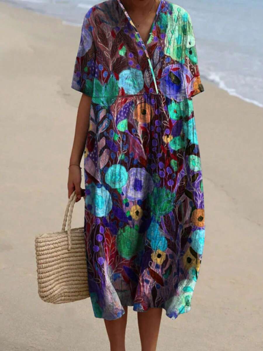 Vestido Casual Fluido com Estampa Floral Vintage Fofa, Férias, Volta às Aulas, Outono, Roupas Femininas Plus Size