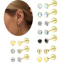 女士小号平背耳环 316L 医用钢耳环，适合敏感耳朵 20G 防过敏不锈钢耳环叠戴 小号平背耳钉 圆环耳钉 CZ 4mm - 10對耳環套裝 - 查看 1