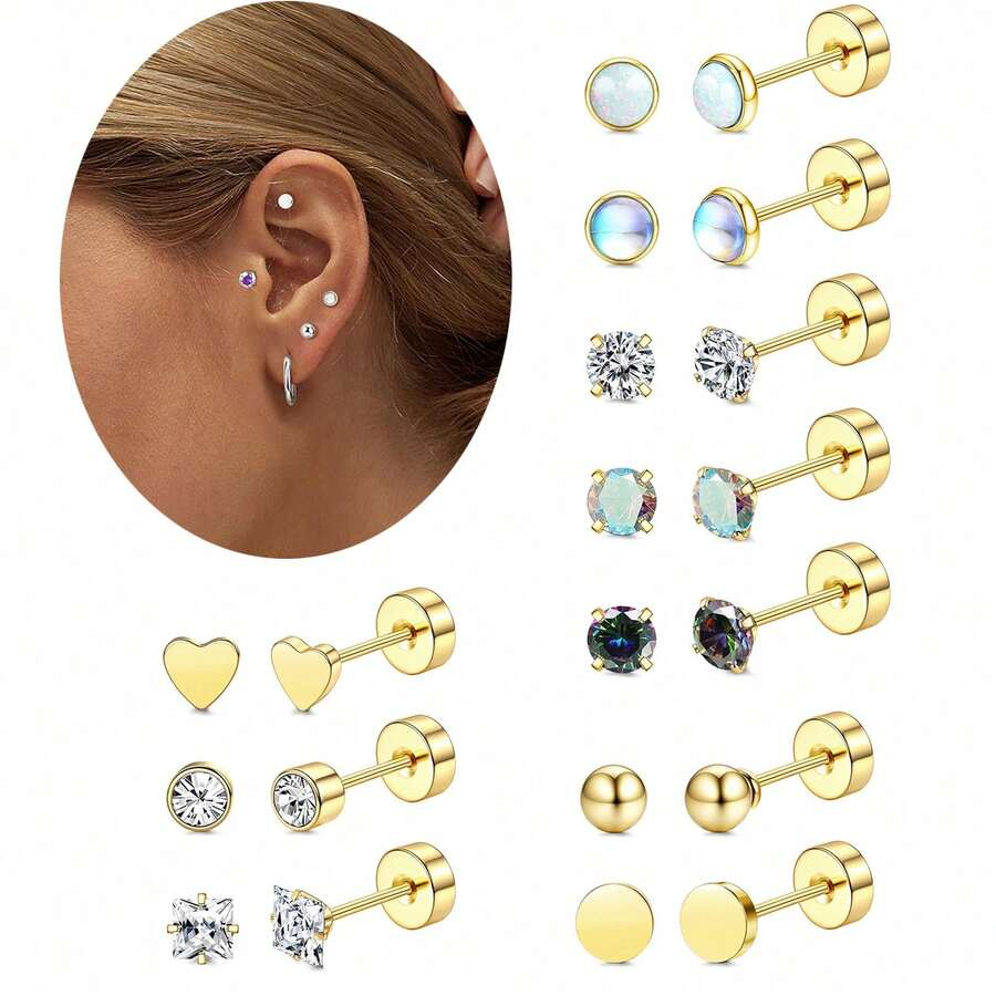 女士小号平背耳环 316L 医用钢耳环，适合敏感耳朵 20G 防过敏不锈钢耳环叠戴 小号平背耳钉 圆环耳钉 CZ 4mm - 10對耳環套裝 - 查看 1