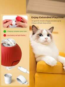 USB充电式互动猫玩具球，自动电动滚动球，适合作为狗狗/猫咪生日礼物，宠物咀嚼智能自动逗猫棒带尾巴，纯色智能系绳猫追逐球，互动猫玩具球，室内猫玩具，成猫玩具
