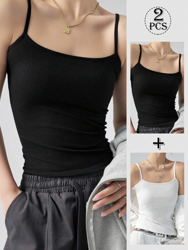2pcs White Slim Fit Camisole Vest For Women, Short Summer Tank Tops Layering For Plus Size