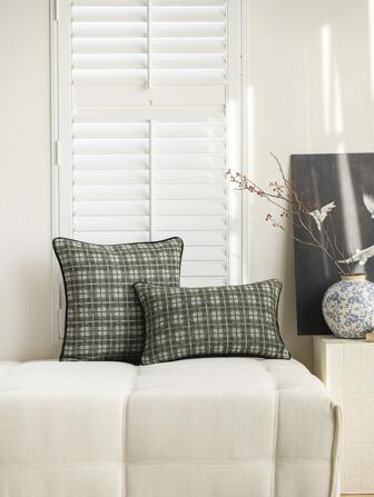 1 pièce/2 pièces Housse de coussin à carreaux verts et blancs, housse de coussin en chenille jacquard moderniste et minimaliste avec volant, style nordique, textile d'ameublement pour la maison, canapé, convient pour le salon, la chambre, le canapé, la location de vacances, le nouvel an, le jardin extérieur, la voiture, la tête de lit, toutes saisons, insert non inclus, 30*50cm, 45*45cm