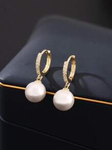 1 Pair Luxury Pearl Inlaid Copper Pendant Earrings, Elegant Vintage Style Gift For Women