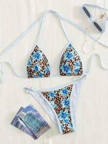 Spring Break Women's Random Print Spaghetti Strap Sexy Bikini Swimwear Sets, Summer Outfits - Cadet Blue - View 5