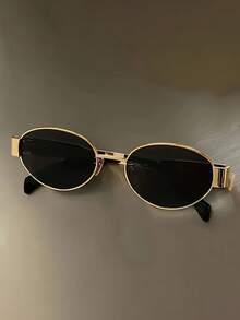 一副男女通用椭圆形金属框时尚眼镜，休闲眼镜，适合日常通勤、海滩、街头摄影 - 黑灰 - 查看 3