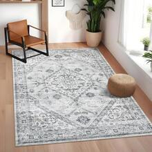 Washable Vintage Area Rugs, Retro Accent Bedroom Rug Soft Non Slip Throw Carpet For Living Room Kids Room, Distressed Floral Low Pile Floor Cover, Foldable Thin Home Decor Mat-5*7ft - Màu Xám nhạt - Xem 10