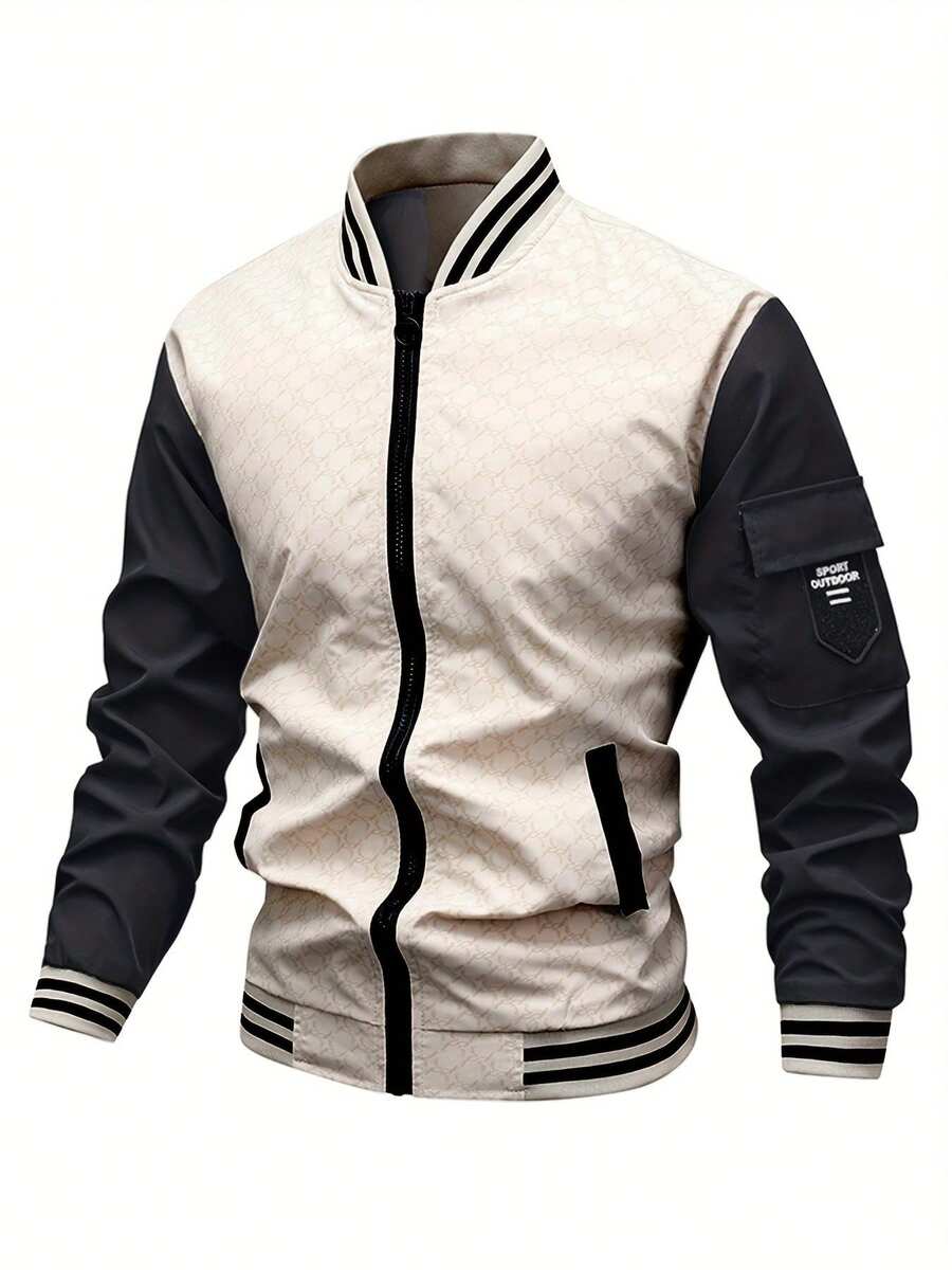 Men's Colorful Jacket With Striped Trim, Suitable For Men's Slim Jackets In Spring And Autumn, Ideal As A Gift For Family, Friends, And Husbands. - Beige - View 1