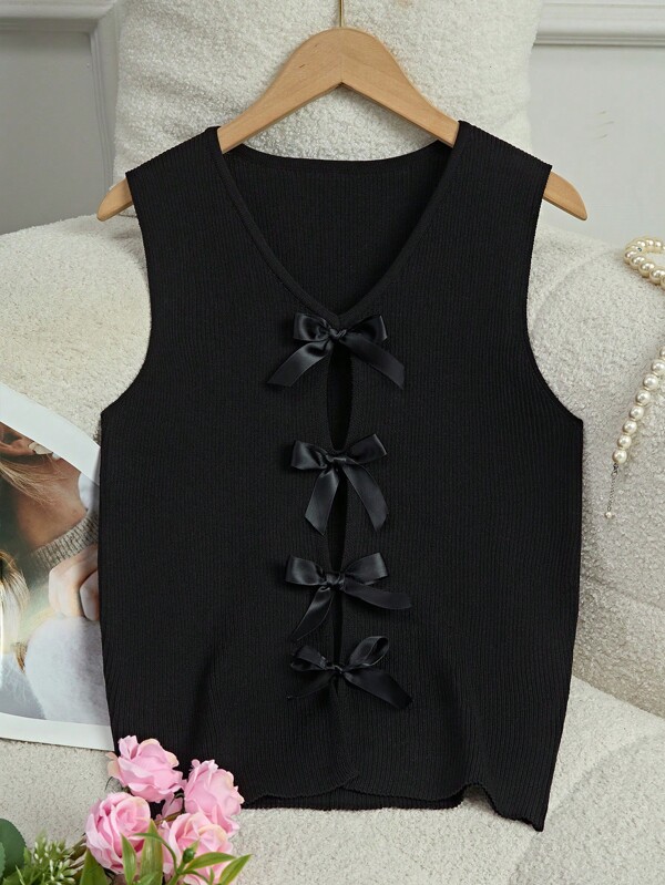 Women's Solid Color Bow Decor Hollow Out Knitted Vest