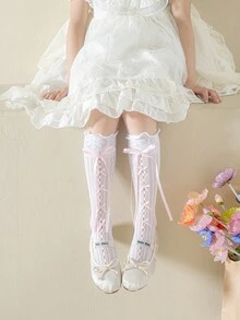 1 Pair Girls Knee-High Socks With Ribbon Hollow Out Breathable Casual Vacation University Style Party Wear