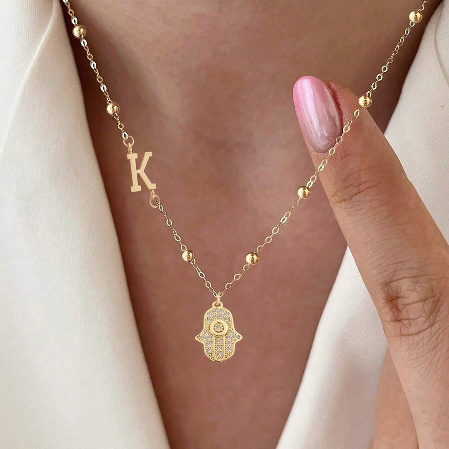 1pc Classic Letter Hamsa Hand Pendant Necklace, Stainless Steel Bead Chain, Women - Yellow Gold - View 1